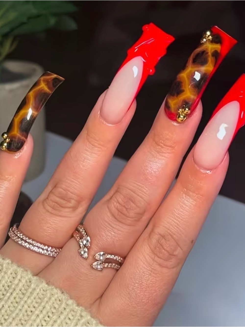 Glossy Red & Tortoiseshell Press On Nail Set - Women Makeup
